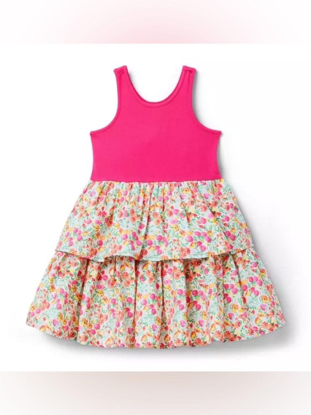 Girl’s Janie And Jack Bright Pink Ditsy Floral Tiered Sleeveless Dress Size 5